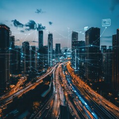 Aufkleber - A cityscape at dusk with digital connections illustrating urban technology and connectivity.