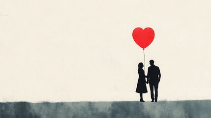 Poster - A couple stands hand in hand, each wearing elegant attire, as one holds a vibrant red heart-shaped balloon. The background is softly colored, suggesting a romantic and serene evening atmosphere.