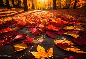 Wall Mural - vibrant autumn leaves multiple colors spread rustic wooden surface creating textured natural display, colorful, fall, foliage, orange, yellow, green, scenic