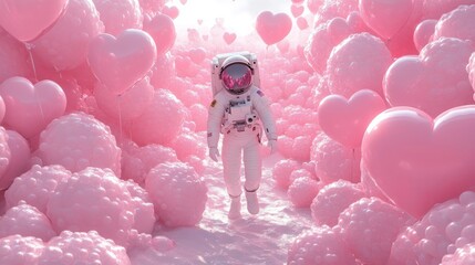 Poster - An astronaut is exploring a whimsical landscape filled with floating pink hearts and soft, fluffy clouds. The bright colors create a surreal atmosphere, inviting wonder and imagination.