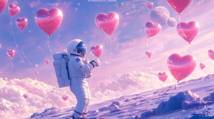 Poster - An astronaut stands on a celestial surface surrounded by floating heart-shaped balloons. The colorful sky features soft clouds and distant moons, creating a whimsical and peaceful atmosphere.