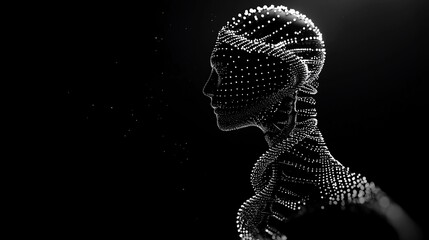 Canvas Print - abstract digital female head and neck, rendered in white dots on black background, showing technolog