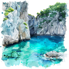 Canvas Print - A watercolor clipart of a bright blue lagoon surrounded by cliffs, isolated on a white background. Lagoon cliffs vector.
