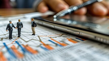Poster - Miniature figures discussing over financial data and a smartphone.
