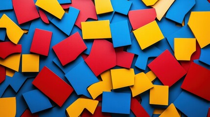 Poster - A colorful assortment of geometric shapes in red, blue, and yellow on a blue background.