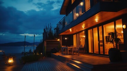 Aufkleber - A cozy modern home by the water, illuminated at night, creating a warm and inviting atmosphere.