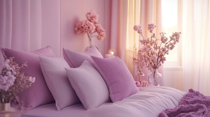 Poster - A cozy, pastel-colored bedroom with decorative pillows and floral arrangements.