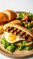 Wall Mural - Grilled chicken sandwich with egg served alongside a fresh salad on a wooden platter