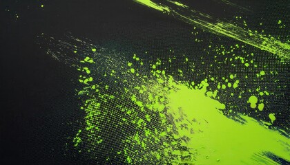Poster - Vivid Neon Green Paint Splatter with Brushstroke on Black Halftone Background. Perfect for Modern Abstract Art, Digital Designs, Dynamic Sports Graphics, or Futuristic Branding Projects
