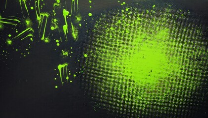 Poster - Vivid Neon Green Paint Splatter with Brushstroke on Black Halftone Background. Perfect for Modern Abstract Art, Digital Designs, Dynamic Sports Graphics, or Futuristic Branding Projects