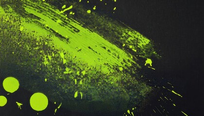 Poster - Vivid Neon Green Paint Splatter with Brushstroke on Black Halftone Background. Perfect for Modern Abstract Art, Digital Designs, Dynamic Sports Graphics, or Futuristic Branding Projects
