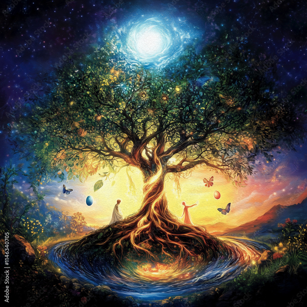 Intwining Tree A majestic Tree of Life stands at the center, its roots entwining the ...