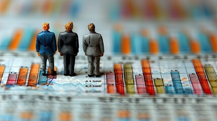 Poster - Miniature figures stand on a colorful business graph, symbolizing market analysis and strategy.
