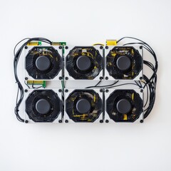 Poster - A color 3D rendering of a design element showing a dark Bitcoin cryptocurrency mining farm.