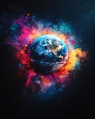 Poster - Planet Earth with vivid color splashes exploding from its surface, creating a surreal and abstract visual, ultradetailed, photorealistic, 8K