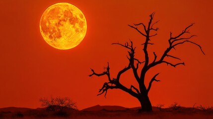 Poster - A dramatic sunset with a large moon and a silhouetted tree against a vibrant sky.