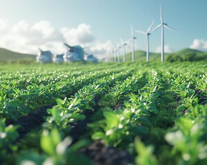 Aufkleber - Sustainable smart farming with robotic harvesters, vibrant green fields under a clear blue sky, innovative ecotechnology focus, ultradetailed, hyperrealistic, 8K