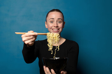 Sticker - blonde young pretty chef woman with a ramen bowl