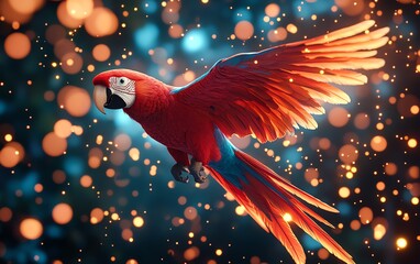 Aufkleber - A flying parrot with glowing, colorful particles surrounding it, creating an energetic and visually captivating scene, hyperrealistic, 8K