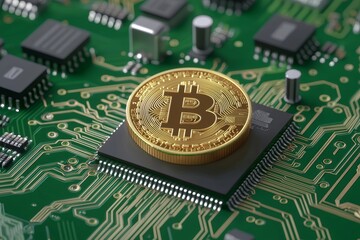 Poster - A Bitcoin coin in gold sits atop a multicolored circuit board with a blue-green hue.