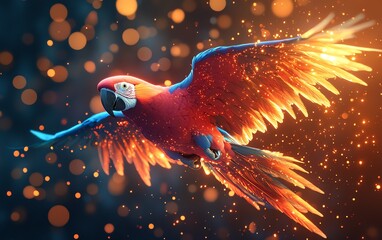 Aufkleber - A flying parrot with glowing, colorful particles surrounding it, creating an energetic and visually captivating scene, hyperrealistic, 8K