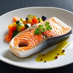 Wall Mural - Grilled salmon fillet with roasted vegetables and olive oil.