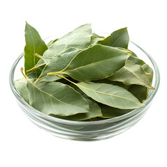 Wall Mural - Front view of bay leaves in a small glass bowl isolated on a white transparent background