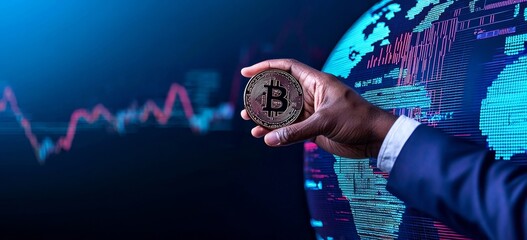 Poster - A businessman points to a digital bitcoin cryptocurrency alongside a stock market chart and a globe.