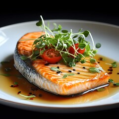 Wall Mural - Grilled salmon fillet with teriyaki sauce, microgreens, and cherry tomatoes on a white plate.