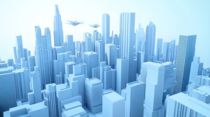 Aufkleber - A futuristic cityscape featuring sleek skyscrapers and drones in a minimalist design.