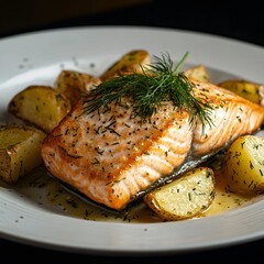 Wall Mural - Grilled salmon fillet with roasted potatoes and dill.