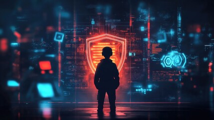 Poster - Young Child Standing in Front of Digital Security Interface with Futuristic Graphics and Data Elements Representing Cybersecurity and Protection Themes