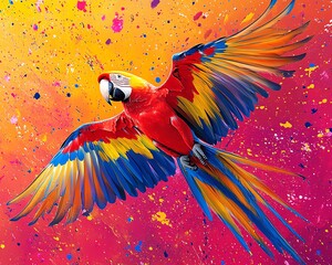 Poster - A macaw in flight with radiant feathers and vibrant paint splatter effects in the background, bold colors and energy, ultradetailed, 8K