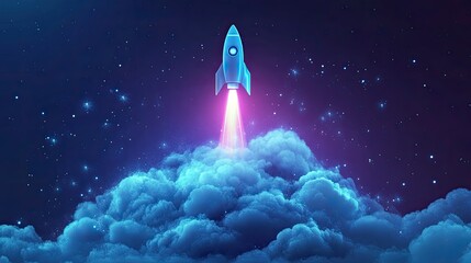 Poster - Futuristic Rocket Launching Through Colorful Clouds in a Starry Night Sky with Vibrant Glow Effects and Cosmic Elements