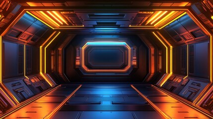 Aufkleber - A futuristic corridor with glowing lights and sleek metallic surfaces.
