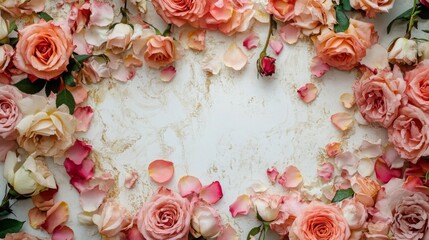 Poster - A beautiful display of fresh pink and cream roses surrounds a blank space. Delicate petals in various shades are scattered around, creating a charming and inviting atmosphere for any occasion.