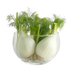 Wall Mural - Front view of fennel fronds in a small glass bowl isolated on a white transparent background