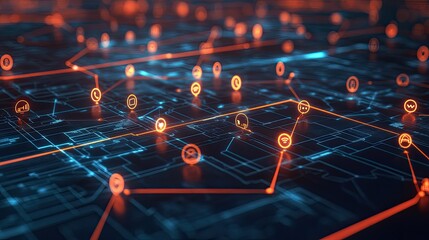 Poster - Futuristic Digital Network with Glowing Connections and Icons Representing Data Flow, Integration, and Smart Technology in a Modern Urban Environment