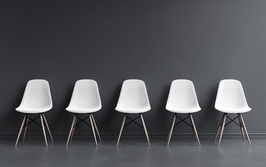 Poster - A row of identical white chairs against a smooth gray wall, minimalist and serene design reflecting uniformity and anticipation, ultradetailed, 8K