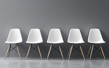 Poster - A row of identical white chairs against a smooth gray wall, minimalist and serene design reflecting uniformity and anticipation, ultradetailed, 8K