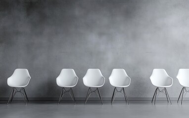 Poster - A row of identical white chairs against a smooth gray wall, minimalist and serene design reflecting uniformity and anticipation, ultradetailed, 8K