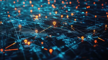 Poster - Abstract Digital Network Connection with Geolocation Pins and Bright Nodes Representing Global Data Flow and Interaction in a Technology Landscape