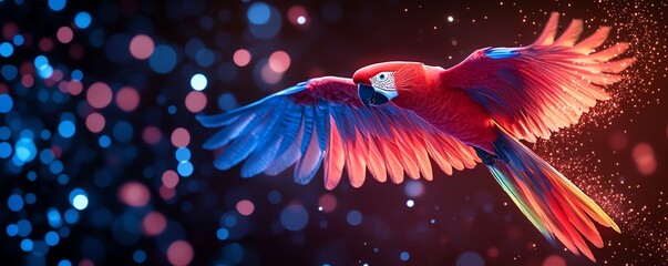 Aufkleber - A vibrant parrot soaring through the air, surrounded by glowing, colorful particles, dynamic and visually powerful, ultrarealistic, 8K