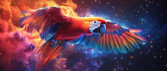 Aufkleber - A vibrant parrot soaring through a cloud of colorful particles, dynamic background with striking visual contrasts, ultradetailed, 8K