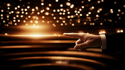 Poster - A hand points toward a glowing, illuminated space, surrounded by blurred golden lights, creating a sense of intrigue and focus