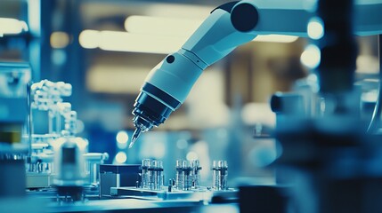 Poster - Robotic arm picking and placing components in modern factory