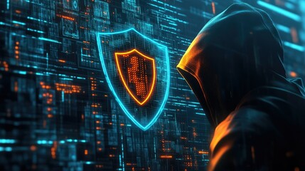 Poster - Mysterious Figure in Hooded Garb Facing Cybersecurity Shield Against a Futuristic Digital Background Filled With Glowing Data and Network Visualizations