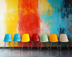 Poster - Bright and colorful chairs arranged against a lively, abstract painted wall, dynamic composition and rich color contrasts, ultradetailed, 8K