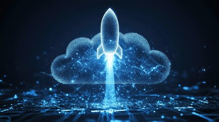 Poster - Futuristic Rocket Launch in Digital Cloud Environment Symbolizing Technology, Innovation, and Modern Connectivity in the Digital Age