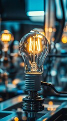 Leinwandbilder - Glowing led filament light bulb in production line illuminating modern factory